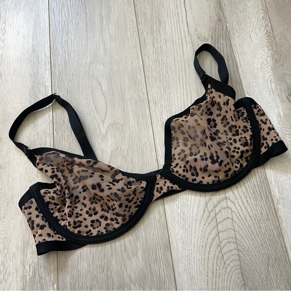 CUUP Plunge Bra leopard print mesh womens Brown (size 34D) intimates sheer sexy - Picture 1 of 4